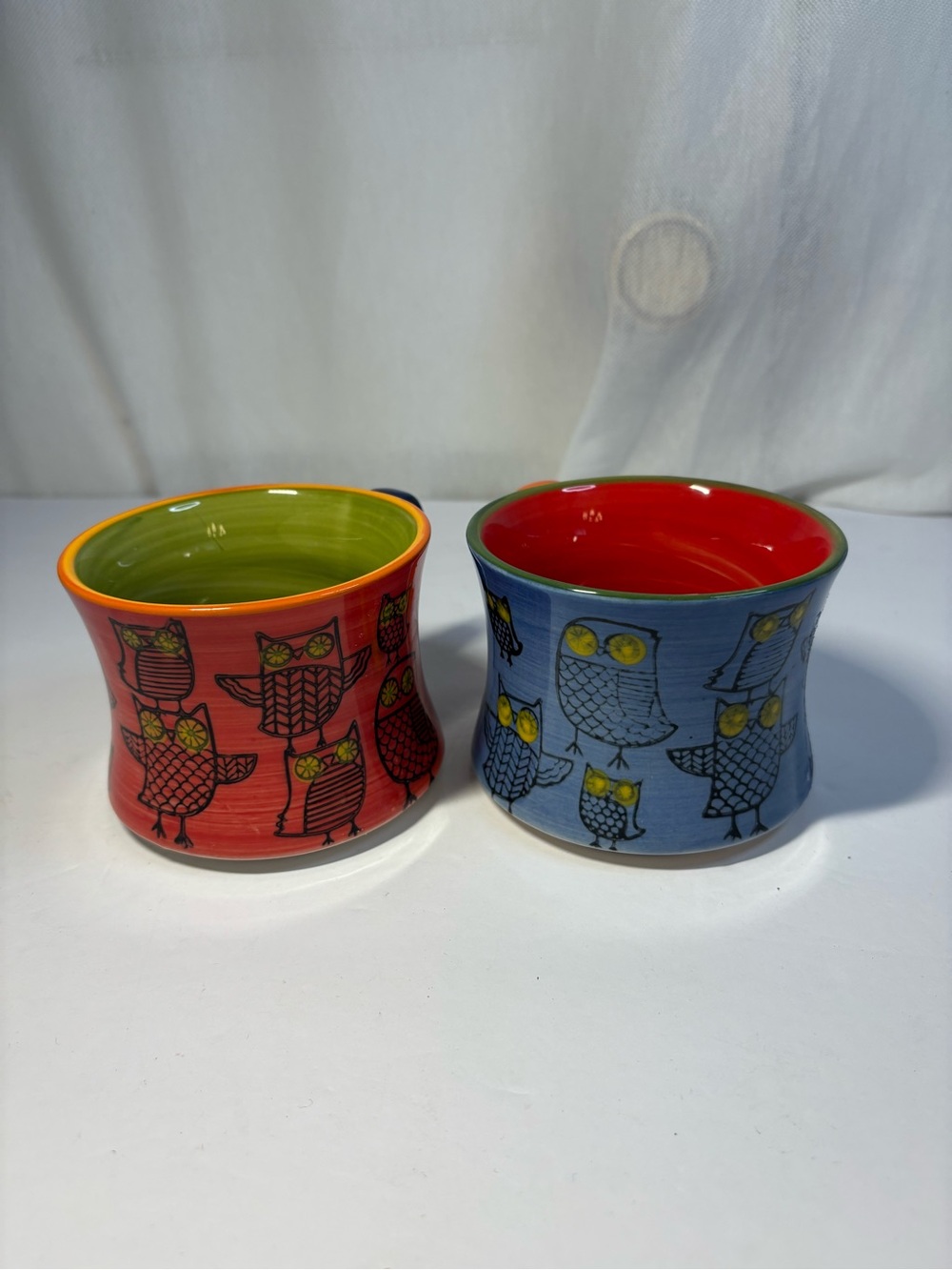 Pier 1 hand painted stoneware owl mugs
